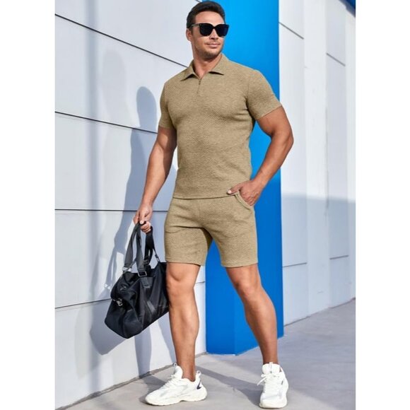Men Brown Polo Geometric Texture Casual Shirt & Shorts Set Outfits Sweat Suits - Picture 2 of 9